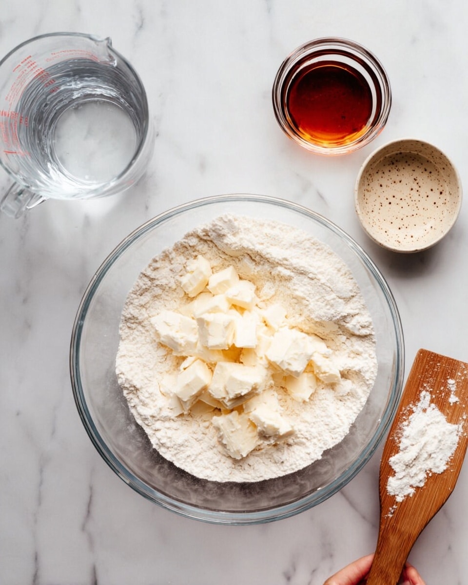 A clear glass bowl holds a mix of white flour with many small white chunks of solid fat spread on top. The bowl is placed on a white marbled surface. Above the bowl, there are two small containers: one with a dark amber liquid and one with a speckled beige liquid. To the left, a clear measuring cup contains water. A woman's hand missing from the frame holds the edge of the bowl, and a wooden spatula with white bits on it leans against the bowl on the marbled surface. photo taken with an iphone --ar 4:5 --v 7