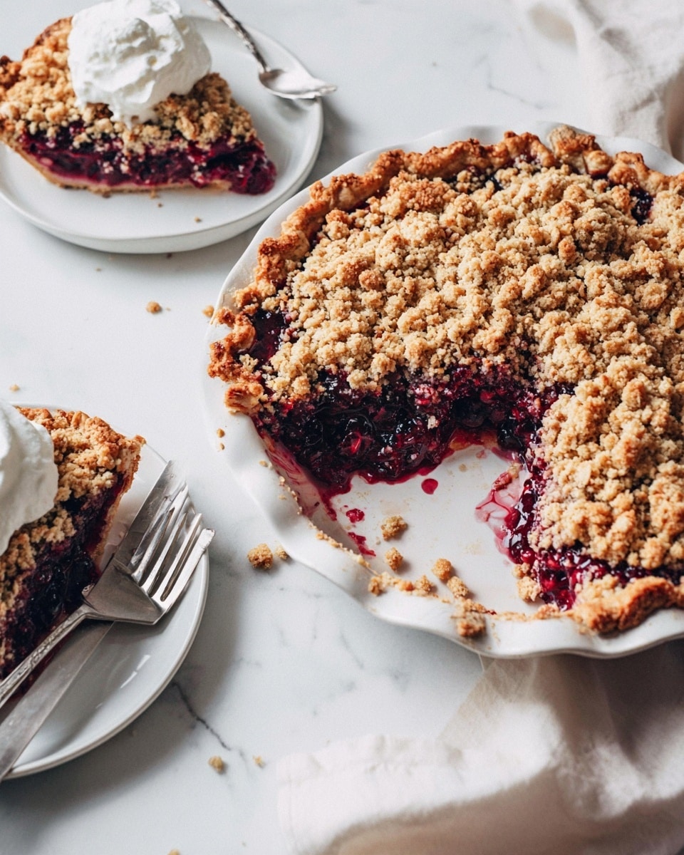 A golden brown crumble pie with a thick, crumbly topping layer full of small oat clusters covers a deep, dark red and purple berry filling that is juicy and textured. The pie sits in a white pie dish on a white marbled surface, with a portion missing showing the berry layer beneath the crumble. Nearby, slices of the pie are served on white plates topped with soft, white whipped cream, with shiny silver forks resting beside them. The scene has a soft, natural light with a cozy feel. photo taken with an iphone --ar 4:5 --v 7