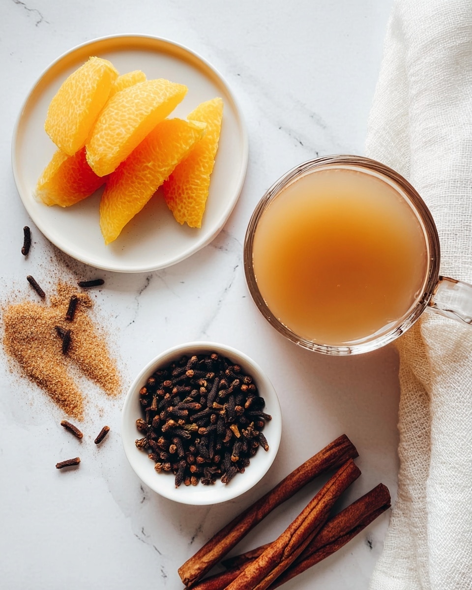 The image shows a clear glass cup filled with warm, light brown liquid placed on a white marbled surface. Next to the cup, there is a white round plate sprinkled lightly with some brown powder, holding bright orange citrus peels loosely stacked. Near this plate is a small white bowl filled with dark brown whole cloves, giving a rough texture. Several cinnamon sticks with a rich brown color are scattered around the cup and plates, some lying on the marbled surface. A piece of white cloth is slightly visible on the right side of the image. The overall setup looks calm and warm with a mix of smooth, rough, and textured elements. Photo taken with an iphone --ar 4:5 --v 7