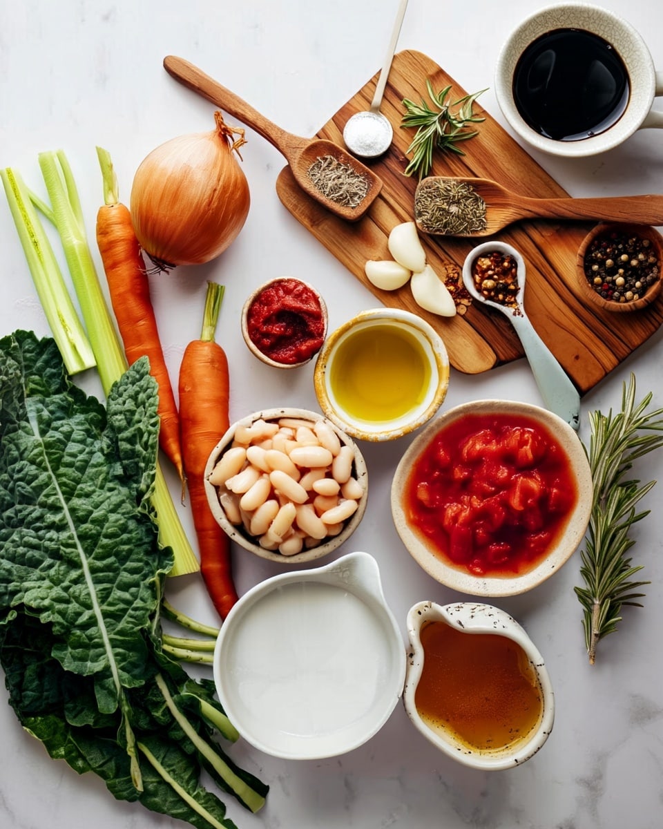 The image shows fresh cooking ingredients arranged on a white marbled surface. On the left, there is a bunch of dark green kale leaves along with three celery sticks and two orange carrots with green tops. Next to these vegetables, there is a whole light brown onion. In the center, there are small white bowls filled with white beans, bright red tomato paste, and golden olive oil. A larger white bowl holds chunky red tomatoes, and another white pitcher contains a creamy white liquid. At the bottom right, there is a small white bowl with a golden liquid. On a wooden board near the top, a woman’s hand is holding a wooden spoon, with another wooden spoon resting on the board containing coarse pepper and dried herbs. Garlic cloves, fresh rosemary, and red chili flakes in a white ceramic spoon complete the scene. A cup of dark liquid, likely soy sauce, is placed on the top right. The photo taken with an iphone --ar 4:5 --v 7