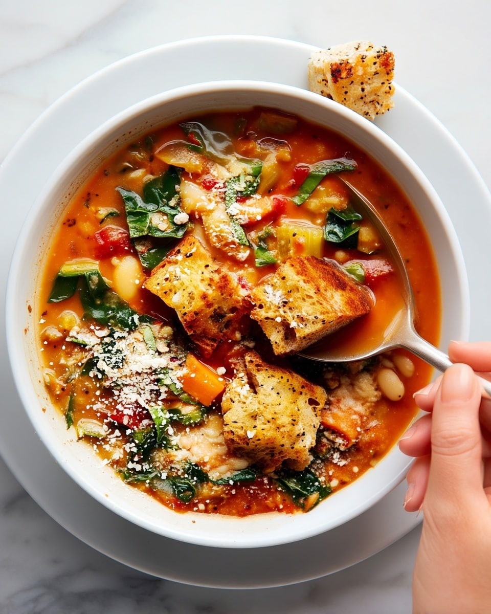 The image shows a bowl of thick soup with a reddish-orange base filled with small chunks of orange carrots, white beans, and bright green leafy vegetables evenly mixed throughout. On top, there are three toasted golden-brown croutons with a crunchy texture and some grated light-colored cheese sprinkled over everything. A woman’s hand holds a spoon dipping into the soup slightly, with another crouton resting on the edge of the bowl. The bowl is white, sitting on a plate that is also white, on a white marbled surface. photo taken with an iphone --ar 4:5 --v 7