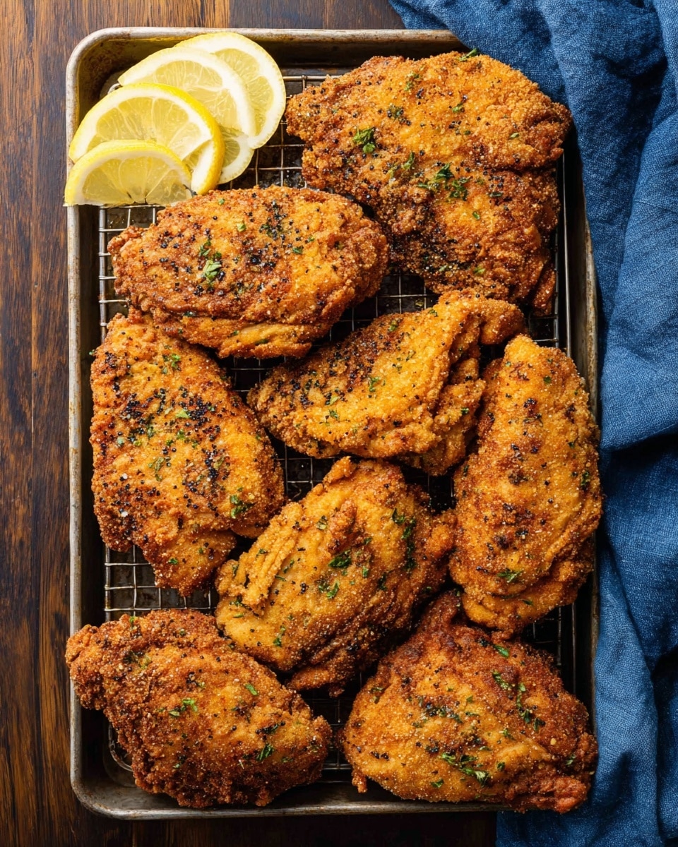 A tray holds eight pieces of golden brown fried chicken, each piece crispy with visible black pepper and green herb specks, showing a crunchy, textured surface. The chicken pieces are arranged closely together on a wire rack within the tray. In the top left corner of the tray, four lemon wedges with a bright yellow inside and white rind are placed, adding a fresh color contrast. The tray sits on a dark wooden surface, and there is a blue cloth napkin partially draped over the top right and bottom left corners of the tray. Photo taken with an iphone --ar 4:5 --v 7