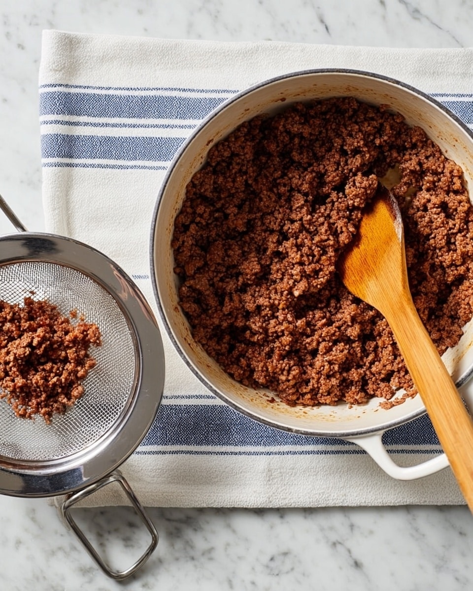 A white pot filled with cooked ground beef, dark brown and slightly crumbly in texture, sits on a white and blue striped cloth on a white marbled surface. A wooden spoon with a smooth, light brown handle rests inside the pot, partially buried in the meat. To the left, a metal sieve containing some small bits of ground beef is placed on top of another shiny metal bowl. The overall colors are warm with browns from the beef and spoon, contrasted by the white pot, white marbled surface, and the striped cloth. photo taken with an iphone --ar 4:5 --v 7
