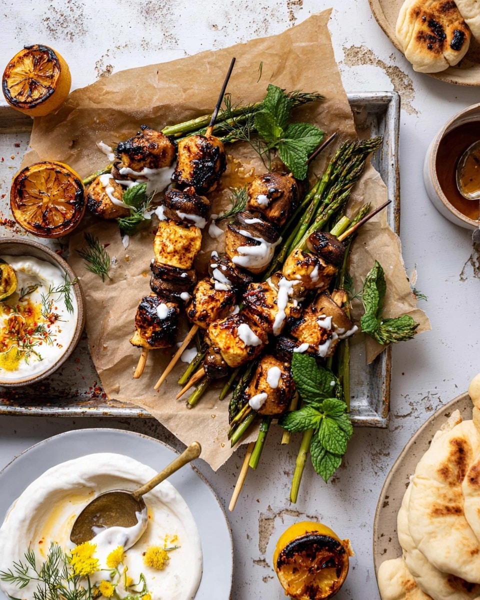 The image shows grilled skewers on a tray lined with brown paper, each skewer with three layers: bright green asparagus spears at the bottom, golden-brown grilled pieces with dark char marks in the middle, and light brown tender mushroom pieces on top, some with a drizzle of white creamy sauce. To the side of the tray is a white bowl with dark amber sauce, a grilled lemon half with dark char marks, and fresh green mint leaves on the tray. Nearby on the white marbled surface, a white plate holds more skewers sitting on a creamy white sauce with a sprinkle of chili flakes, and a spoon with some sauce on it rests on the plate. Below sits a small white bowl of yogurt garnished with yellow flowers, dill sprigs, and a dash of red spice. A piece of warm naan bread is in the bottom right corner, partially folded. photo taken with an iphone --ar 4:5 --v 7