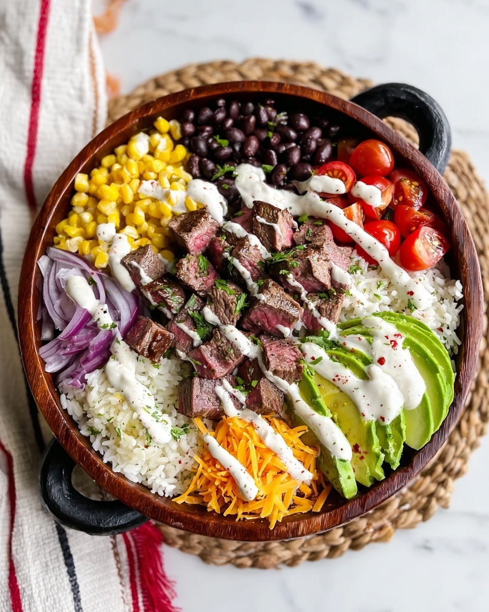 A round wooden bowl with two black handles holds a visually colorful layered dish. The base layer is white rice, topped with sections of black beans on the top left, yellow corn on the top right, purple sliced onions on the mid-right, and red cherry tomato halves on the mid-left. In the center, there are medium-rare steak pieces cut into cubes with grill marks, sprinkled with green herbs. At the bottom right are slices of green avocado and a small pile of shredded orange cheese. The entire bowl is drizzled with a creamy white sauce dotted with red specks. The bowl sits on a woven mat on a white marbled surface next to a white towel with red and black stripes. photo taken with an iphone --ar 4:5 --v 7