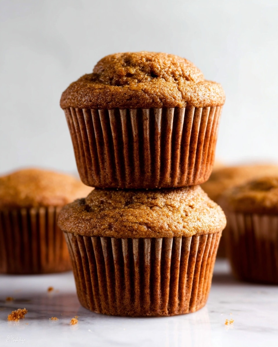 A close-up view of a single muffin partially unwrapped from its white paper liner, with a cracked and textured light brown top showing its soft and moist inside, set on a white marbled surface. In the background, a second whole muffin with the same light brown color and similar texture is slightly out of focus. There are small crumbs scattered around the muffin in the foreground. Photo taken with an iphone --ar 4:5 --v 7
