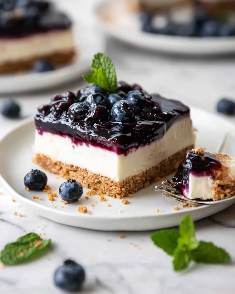 The image shows a square slice of a dessert with three layers on a white marbled surface: the bottom layer is a crumbly brown crust, the middle layer is smooth and creamy white, and the top layer is glossy dark purple blueberry topping with whole blueberries. There are extra blueberries and small green mint leaves scattered around the slice, and the dessert looks moist and fresh. Photo taken with an iphone --ar 4:5 --v 7
