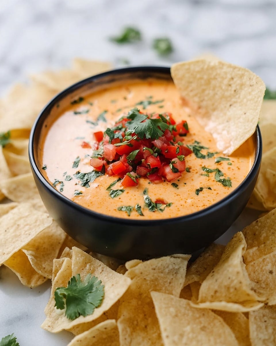 A black bowl filled with an orange creamy dip topped with chopped bright red tomatoes and green cilantro leaves in the center, with a single light beige tortilla chip dipped into the side of the bowl. Surrounding the bowl are many more light beige tortilla chips scattered on a white marbled surface, with a few green cilantro leaves lying nearby. The dip has a smooth texture and the bowl is positioned slightly above the center of the image. Photo taken with an iphone --ar 4:5 --v 7