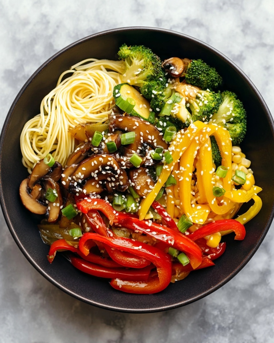 A black bowl filled with three main layers: the bottom layer of light yellow noodles coiled loosely on one side, the middle layer made of various sautéed vegetables including bright green broccoli florets, sliced dark brown mushrooms, baby corn with pale yellow color, and green zucchini rounds; and the top layer featuring vibrant strips of red and yellow bell peppers, scattered white sesame seeds, and small pieces of chopped green onions. The bowl sits on a white marbled surface. photo taken with an iphone --ar 4:5 --v 7