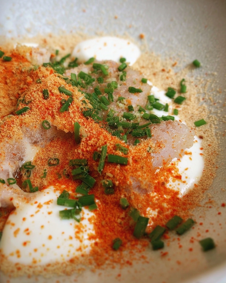 The image shows a close-up of a light beige textured dish with a powdery beige spice layer sprinkled on top. There are small green chopped herbs spread over the surface, along with some dollops of white sauce that have a light sprinkling of orange-red powder on them. The background is a white marbled texture. photo taken with an iphone --ar 4:5 --v 7