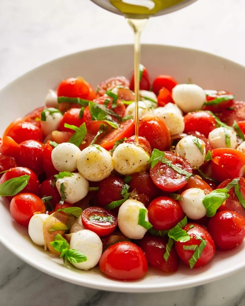 A white bowl filled with a colorful mix of halved bright red cherry tomatoes and small white mozzarella balls. Scattered fresh green basil leaves add a pop of green color throughout the dish. A light drizzle of golden olive oil is being poured over the salad from above, creating a glossy texture on the tomatoes and cheese. The salad sits on a white marbled surface, enhancing the fresh and vibrant look of the ingredients. photo taken with an iphone --ar 4:5 --v 7