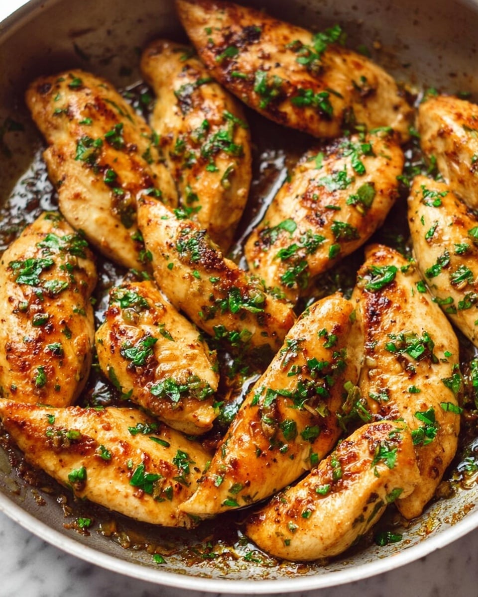 The image shows a pan filled with ten golden brown cooked chicken tenders sprinkled evenly with chopped green herbs. The chicken pieces are plump, each with a light grilled texture and slight browning on the edges. A bright red spatula with a wooden handle is lifting one piece near the center right. The pan has a shiny, slightly oily surface with a few bits of seasoning and cooked garlic spread around, enhancing the rich look of the dish. Photo taken with an iphone --ar 4:5 --v 7