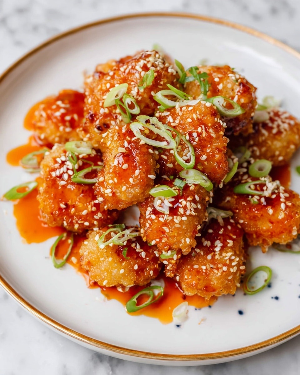 The dish shows a pile of round, crispy golden-brown pieces covered in bright orange sauce placed on a white plate with a thin gold rim. Each piece has sprinkled white sesame seeds and small green rings of sliced green onions scattered on top, adding texture and color contrast. The plate rests on a white marbled surface, making the vivid colors of the food stand out clearly. photo taken with an iphone --ar 4:5 --v 7