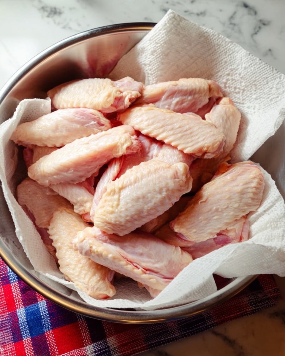A metal bowl filled with several pale pink raw chicken wings layered together, with white paper towels placed over and around the wings inside the bowl. The bowl sits on a white marbled surface with a red and blue checkered cloth partially visible underneath. The chicken wings show smooth skin texture and some light fat patches, arranged in a loose pile. photo taken with an iphone --ar 4:5 --v 7