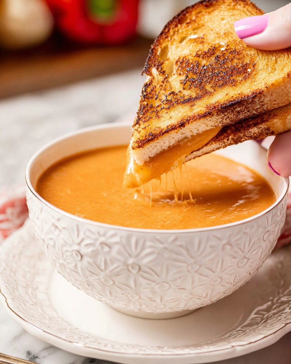 A close-up view of a rich, creamy orange soup served in a white bowl with a textured floral design, resting on a white plate with matching patterns. A golden-brown grilled cheese sandwich is partially dipped into the soup, showing its crisp, toasted texture with a slightly shiny surface from melted cheese beneath. A woman's hand with light pink nail polish holds the sandwich gently above the bowl. The background features a soft focus with hints of red and green, all set on a white marbled surface. Photo taken with an iphone --ar 4:5 --v 7