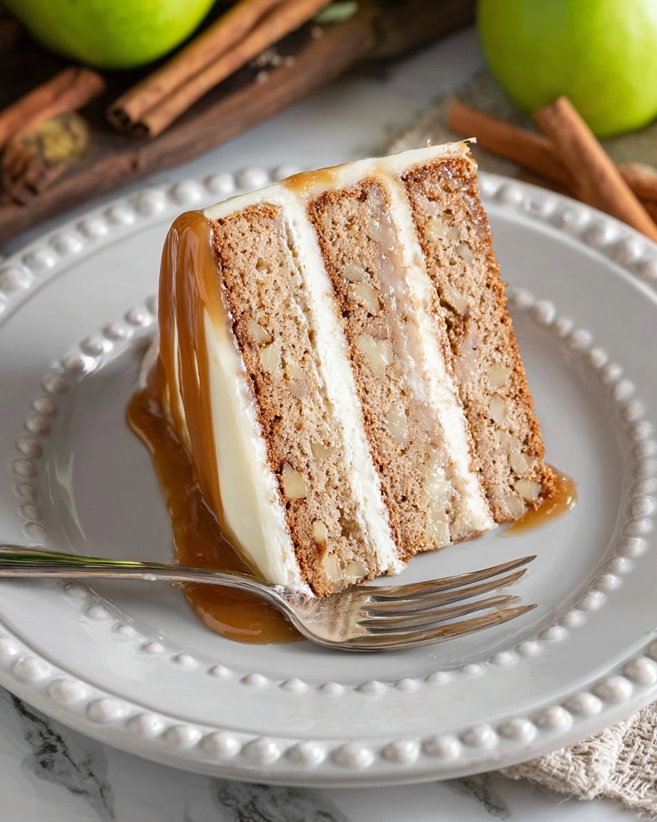A slice of three-layer cake with light brown, textured layers that have small pieces visible inside, separated by two thick white creamy layers, sits on a white plate with raised bead detailing around the edge. The bottom edge of the cake has a smooth, shiny caramel-colored layer that slightly drips down the side. A silver fork rests on the plate beside the cake, with the handle pointing out. The background shows a white marbled surface with some cinnamon sticks and green apples partially visible. photo taken with an iphone --ar 4:5 --v 7