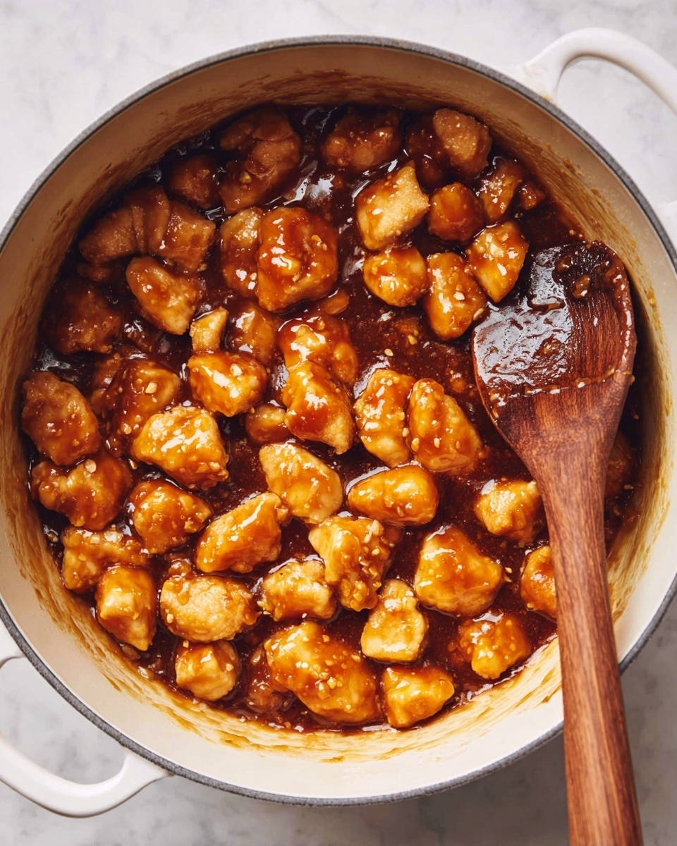 The image shows a white cooking pot filled with small pieces of golden-brown chicken chunks covered in a thick shiny brown sauce. The sauce coats each piece, giving a glossy and sticky look. A wooden spoon with a rich, dark wood grain texture is resting on the right side, partially submerged in the sauce. The pot is set on a white marbled surface. photo taken with an iphone --ar 4:5 --v 7