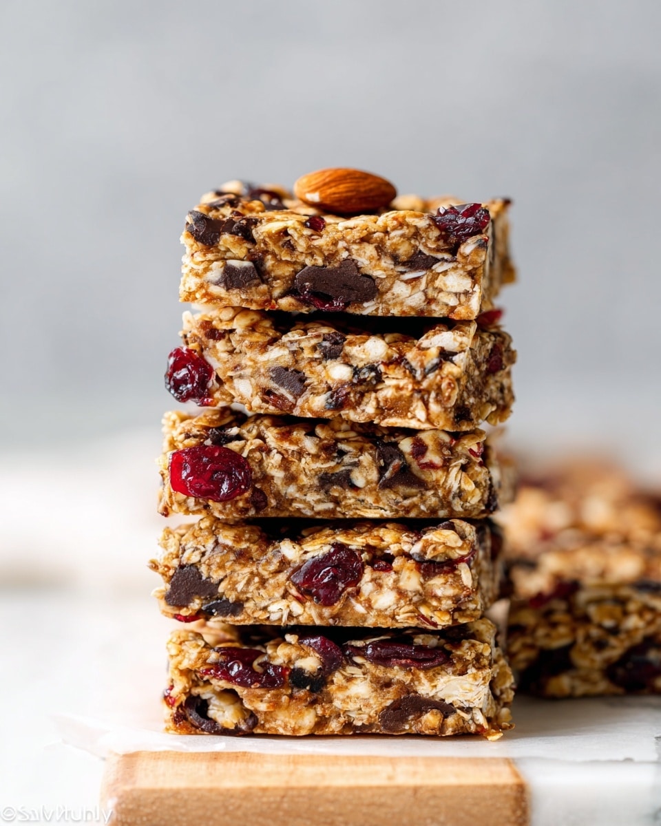 This image shows a stack of five granola bars placed on a light wooden board on a white marbled surface. Each bar is rectangular and thick, with a textured look made from oats, nuts, dried cranberries, and dark chocolate bits visible throughout. The bars have a mix of light brown from the oats, dark brown from the chocolate, and deep red from the cranberries, giving a colorful and natural appearance. The top bar has a whole almond on top, emphasizing the nutty texture. The background is soft and blurry, keeping full focus on the granola bars. photo taken with an iphone --ar 4:5 --v 7