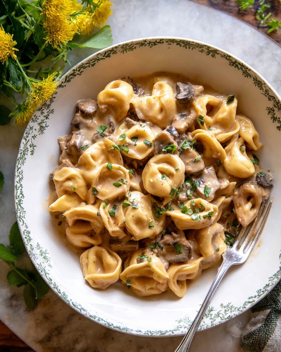 A white bowl filled with creamy tortellini pasta in a light brown sauce, mixed with small pieces of mushrooms and garnished with fresh green herbs scattered on top; the tortellini are a pale yellow and appear soft and coated well in the sauce. A silver fork rests inside the bowl on the right side. The bowl has a slight green floral pattern around the rim and sits on a white marbled surface. Some yellow flowers and green leaves are placed in the upper left corner of the scene. photo taken with an iphone --ar 4:5 --v 7