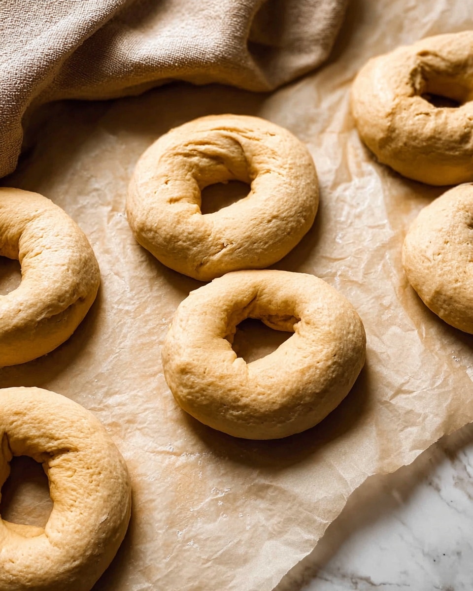 Several round dough rings with a soft, rough texture and light tan color are placed on a sheet of parchment paper. The dough rings have a slightly wrinkled surface and an uneven shape with some folds. In the top left, a beige cloth is partially visible. The scene is set on a white marbled surface that brightens the overall warm tones. photo taken with an iphone --ar 4:5 --v 7