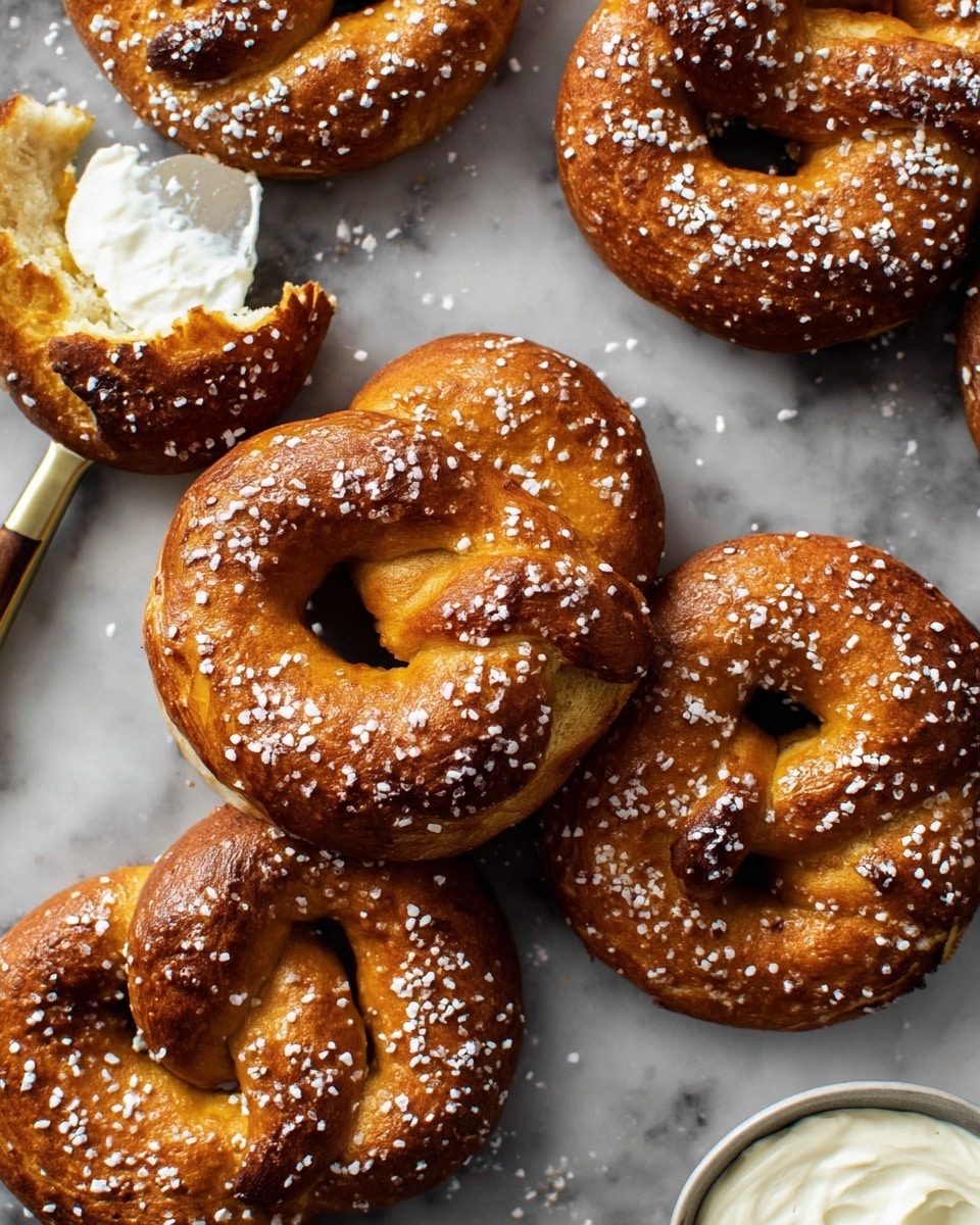 Several golden-brown bagels with a shiny crust are shown close together, each topped with white coarse salt grains. The bagels have a smooth, slightly cracked texture, and one in the background is broken open, revealing a soft, light-yellow inside. A knife with some spread on it rests near the bagels, and part of a white bowl with creamy spread is visible at the bottom right. The scene is set on a white marbled surface, giving a clean and bright look to the image. Photo taken with an iphone --ar 4:5 --v 7