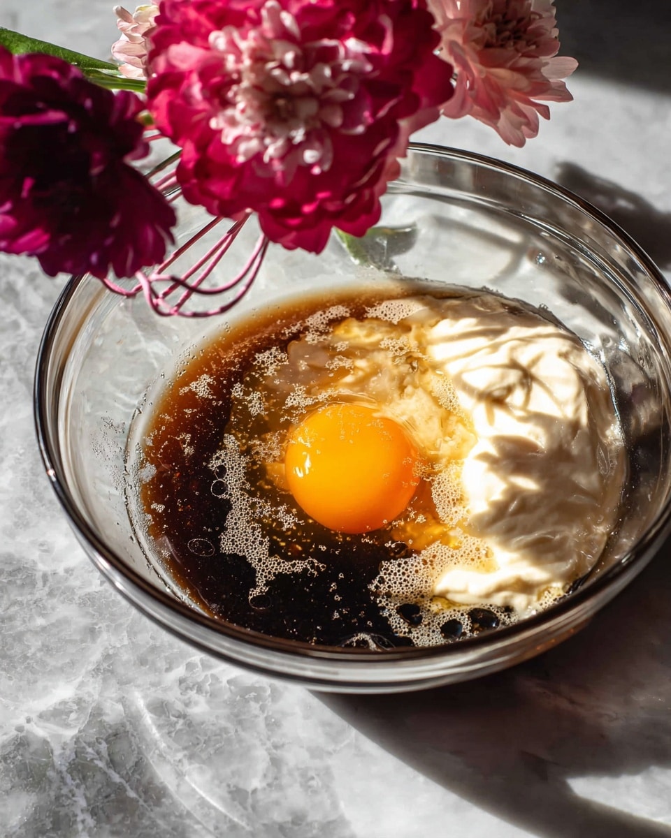 In a clear glass bowl, there is one raw egg yolk sitting in a dark brown liquid with small bubbles around it, mixed with a creamy white substance that looks thick and soft on one side, with a pink whisk partially dipped in the cream. The bowl rests on a white marbled surface, and above the bowl, there are bright pink flowers casting shadows on the glass, with some reflections visible on the bowl's rim. photo taken with an iphone --ar 4:5 --v 7