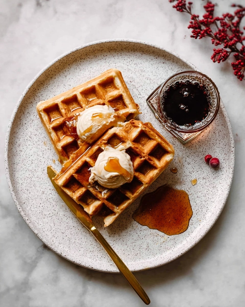 Two golden brown waffles are stacked on a round white plate with a speckled pattern. On top of each waffle is a dollop of light brown cream. Syrup is being poured over the top waffle, filling the waffle pockets with shiny amber liquid. A small clear glass filled with dark syrup sits on the right side of the plate next to a gold spoon. The plate lies on a soft fabric surface with a white marbled texture in the background. Photo taken with an iphone --ar 4:5 --v 7