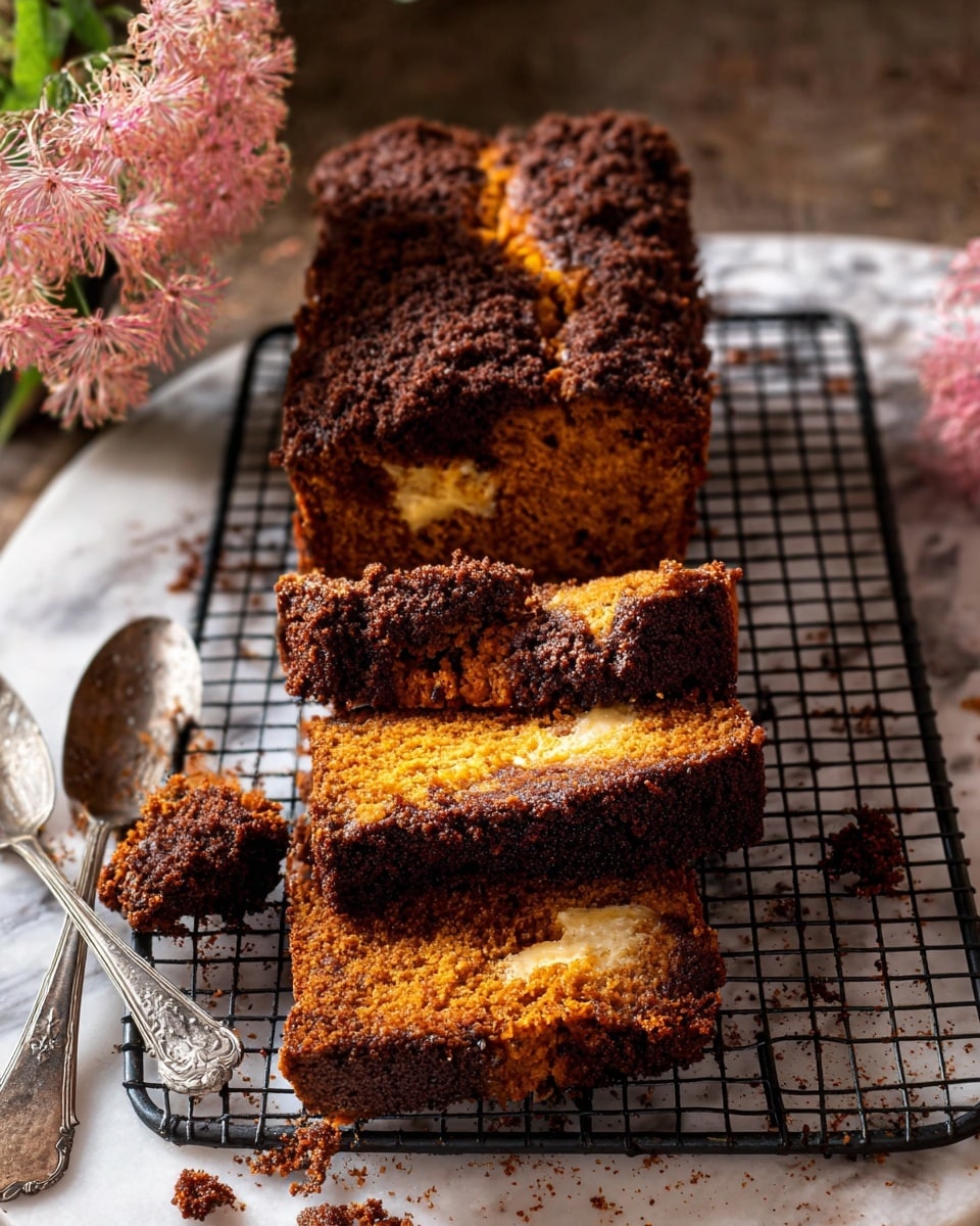 The image shows a loaf of brown cake with a crumbly dark brown top layer, placed on a black wire rack over a white marbled surface. The cake is sliced into several pieces, with the inside showing a moist, golden-brown texture, some with a layer of melted butter visibly spread on them. The crumbly top layer looks crunchy and uneven, while the golden part inside looks soft and dense. Around the cake, there are two vintage silver spoons with detailed handles, a small piece of cake crumb near the spoons, and light pink flowers arranged in the background. The setting gives a warm and cozy feeling. photo taken with an iphone --ar 4:5 --v 7