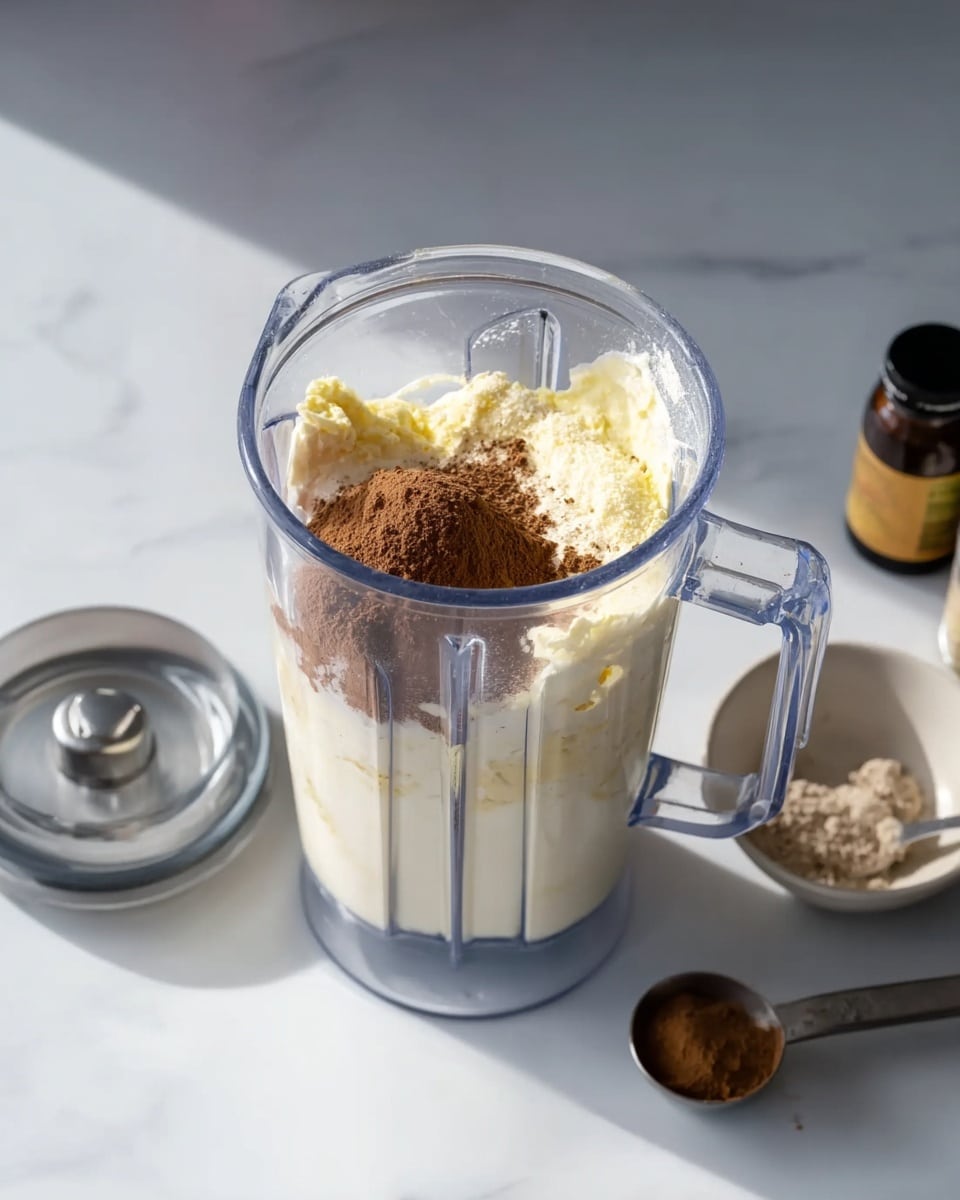 The image shows a clear blender jar positioned on a white marbled surface, filled with layers of ingredients. At the bottom, there is a thick white creamy layer, topped with a light yellow or beige powdery layer, followed by a darker brown powdery layer sprinkled on top. The blender lid is placed nearby on the left side, and on the right side, there is a small silver bowl holding a measuring spoon and another utensil. A small bottle with a dark cap is visible near the top right corner. The scene is bright with natural lighting, capturing the details clearly. Photo taken with an iphone --ar 4:5 --v 7