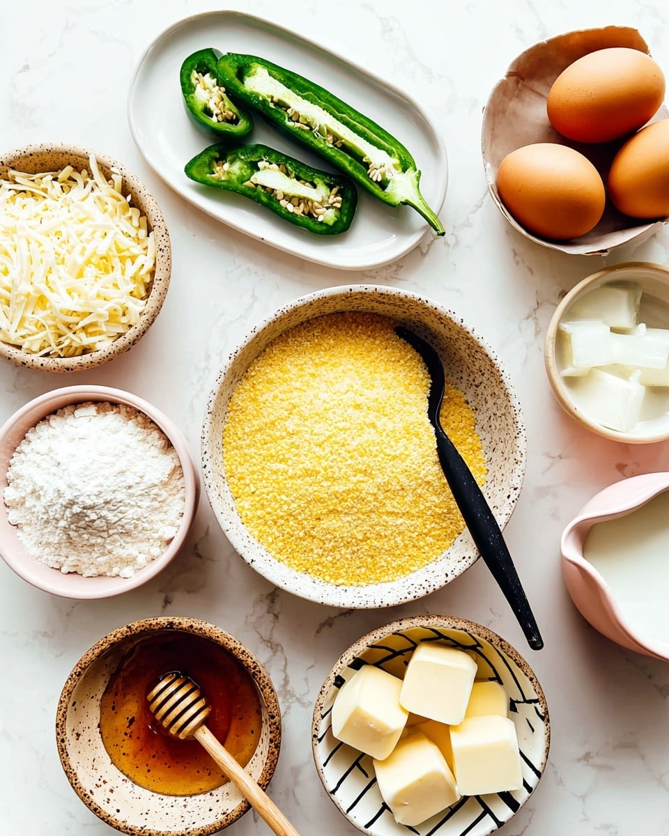 Various cooking ingredients are arranged on a white marbled surface. In the center, there is a speckled bowl filled with yellow cornmeal and a black spoon inside. Above it, a white plate holds one jalapeño sliced lengthwise showing seeds, with small diced jalapeño pieces next to it. To the left, shredded white cheese is in a white bowl. Two brown eggs rest on a small white plate with black zigzag patterns. Cubes of pale yellow butter fill a brown speckled bowl. Below, a white bowl holds honey with a wooden honey dipper resting inside. To the left, a pink bowl contains white flour. At the bottom right edge, there is a light beige pitcher with milk. The scene is bright and neatly organized. photo taken with an iphone --ar 4:5 --v 7