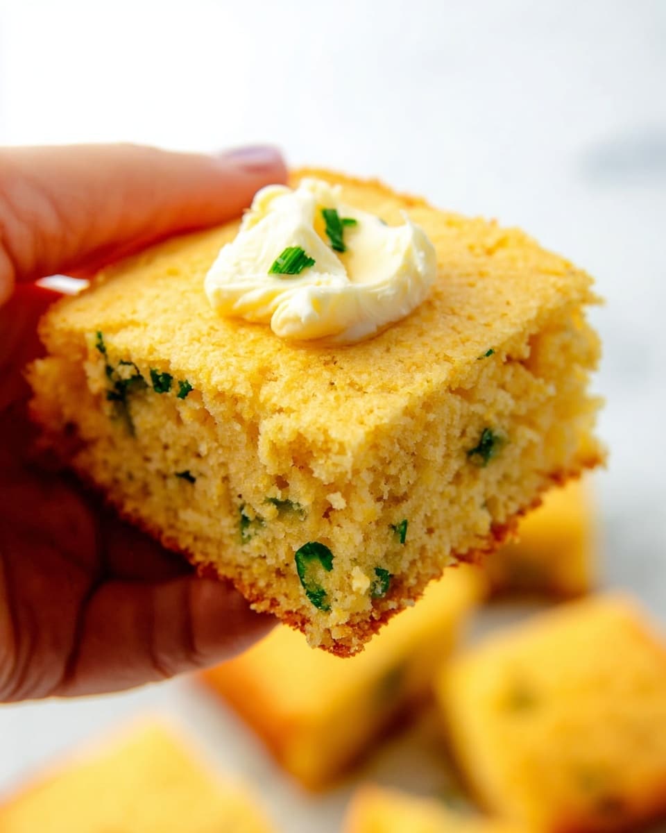 A close-up of a square piece of golden-yellow cornbread with small green herb bits inside, held by a woman's hand. The cornbread has a crumbly texture with a smooth, slightly browned top layer. On top of the cornbread is a dollop of creamy light-yellow butter melting slightly. The background shows a white marbled surface with blurred pieces of more cornbread. Photo taken with an iphone --ar 4:5 --v 7