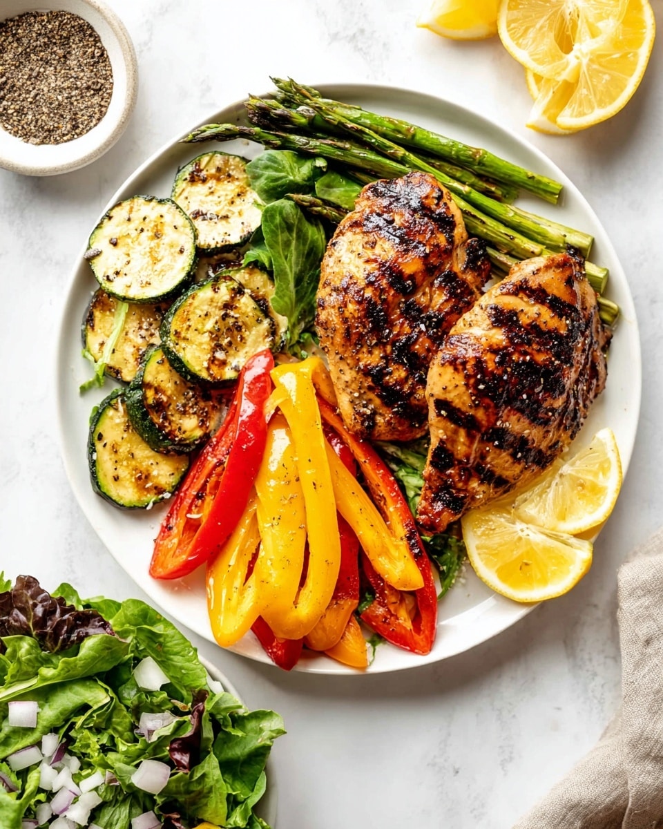 A white plate on a white marbled surface holds two pieces of grilled chicken with dark grill marks on top, showing a shiny and slightly charred brown texture. On the right side of the plate, there are grilled vegetables layered with two green asparagus spears on top, three slices of yellow zucchini with dark grill marks, and bright orange and red bell pepper strips below. Lemon wedges are scattered around the plate, adding a pop of yellow. In the bottom right section, there is a small pile of fresh green leafy salad with small diced onion pieces sprinkled on it. Nearby, a small white bowl contains coarse ground black pepper. photo taken with an iphone --ar 4:5 --v 7
