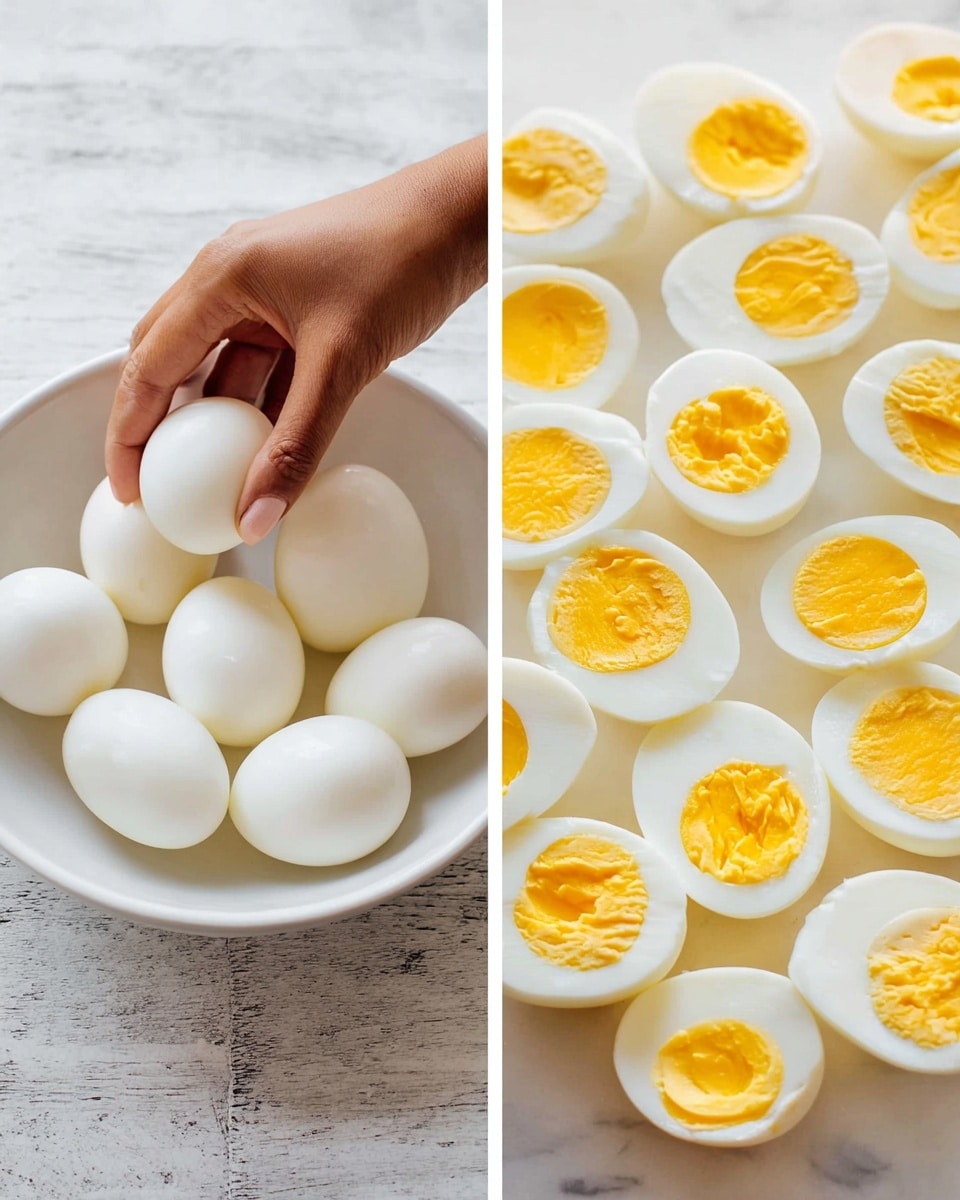 The image shows two parts: on the left, a woman's hand is peeling a smooth white boiled egg above a white bowl filled with ten whole peeled boiled eggs, all shiny and round; on the right, many white boiled eggs are cut in half and arranged flat on a white marbled surface, showing the bright yellow yolks in the middle which have a slightly rough texture. Photo taken with an iphone --ar 4:5 --v 7