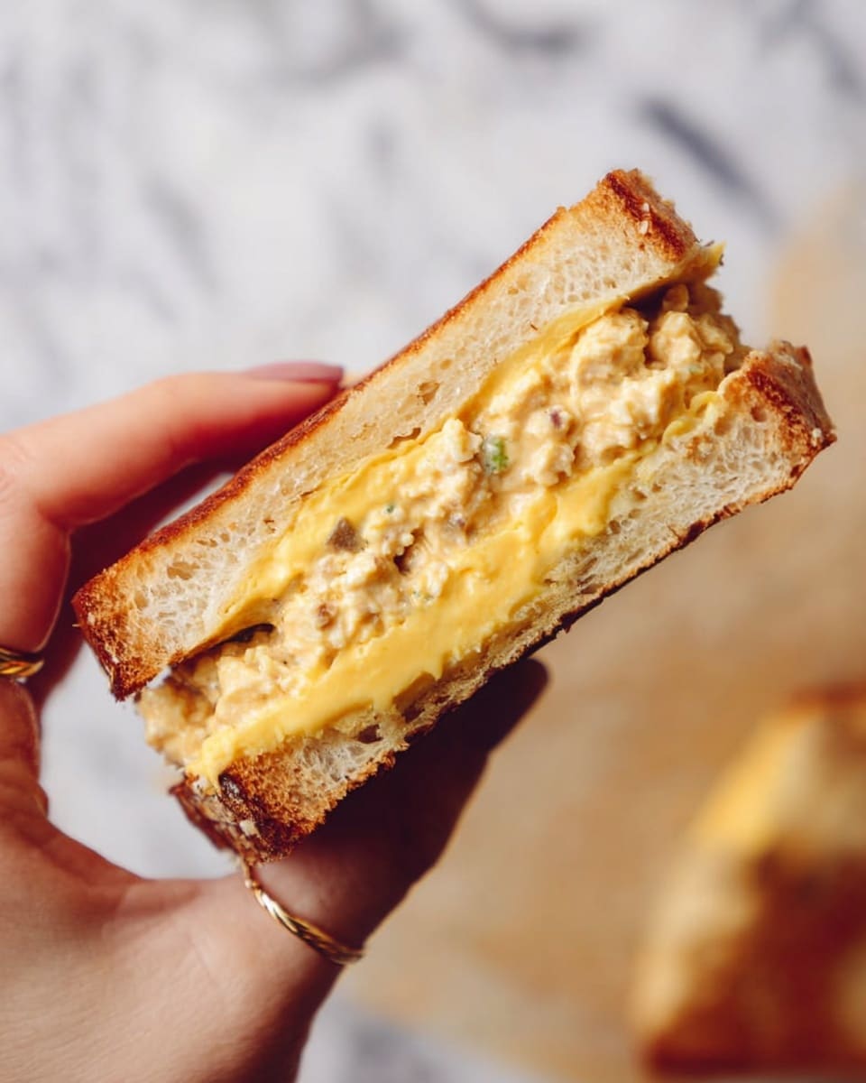 A close-up view of a sandwich held by a woman's hand wearing a thin ring, showing two layers of filling between two slices of toasted bread. The top layer is a light, chunky mixture with small pieces, while the bottom layer is smooth and yellow, resembling melted cheese. The toasted bread has a light brown, crispy crust. The background is a white marbled texture with a blurred sandwich piece visible in the corner. photo taken with an iphone --ar 4:5 --v 7