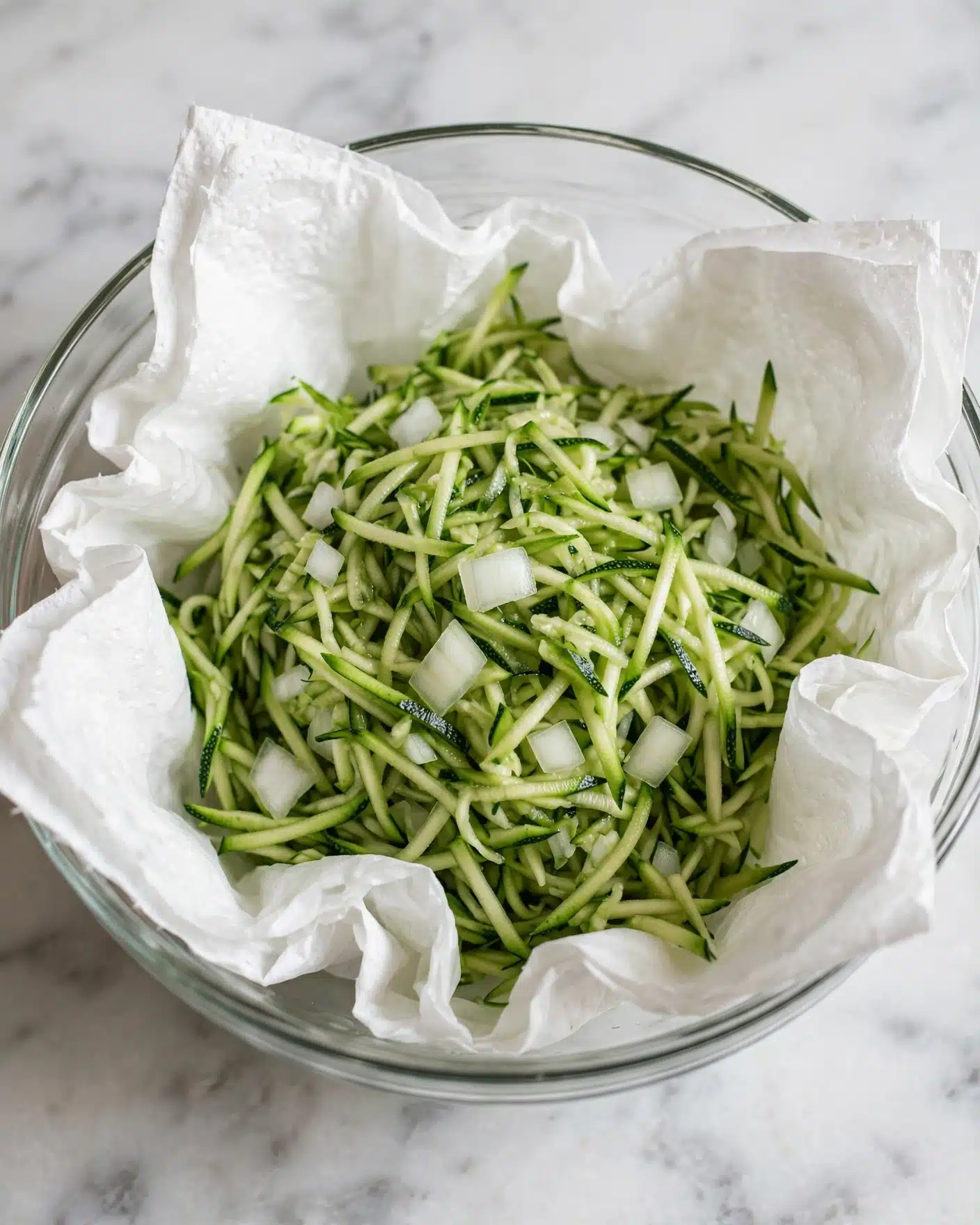 Zucchini Fritters with Creamy Yogurt Sauce Recipe 4 A clear glass bowl holds a layer of shredded green zucchini mixed with small pieces of white onion. The shredded vegetables rest on white paper towels that line the bowl, creating soft folds around the edges. The bowl sits on a white marbled surface, and the overall scene has soft, natural lighting that highlights the fresh, moist texture of the vegetables. photo taken with an iphone --ar 4:5 --v 7