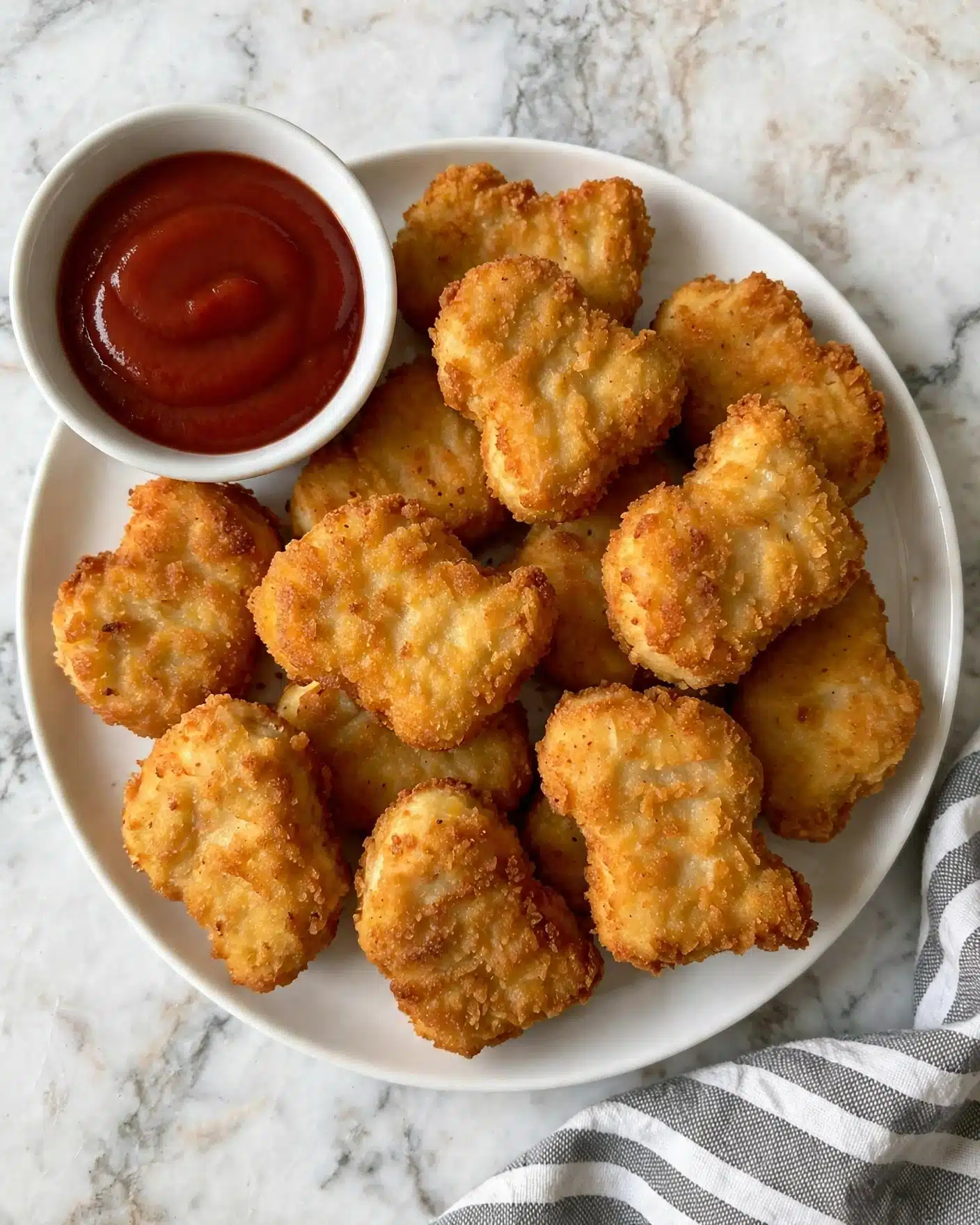 A white round plate filled with many pieces of golden brown crispy breaded chicken nuggets, arranged close together covering the plate. On the top left side of the plate, a white small bowl holds thick, smooth red ketchup. The plate is placed on a white marbled texture surface, and there is a gray and white striped cloth partially visible at the bottom right corner. photo taken with an iphone --ar 4:5 --v 7