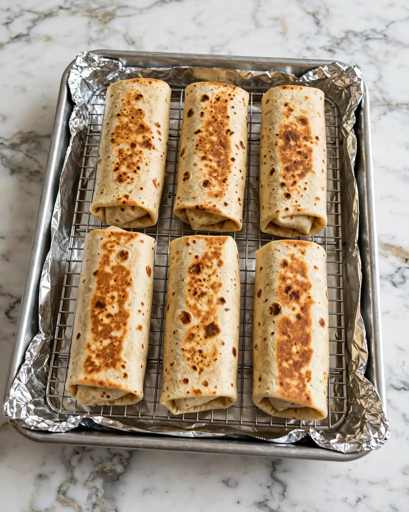Refried Bean Burritos Recipe 5 The image shows six tightly rolled burritos with a light golden-brown tortilla wrap. They are placed in two rows on a silver wire rack inside a foiled baking tray. The tortillas have some brown spots showing where they are cooked. The scene is set on a white marbled surface that spreads out in the background. photo taken with an iphone --ar 4:5 --v 7