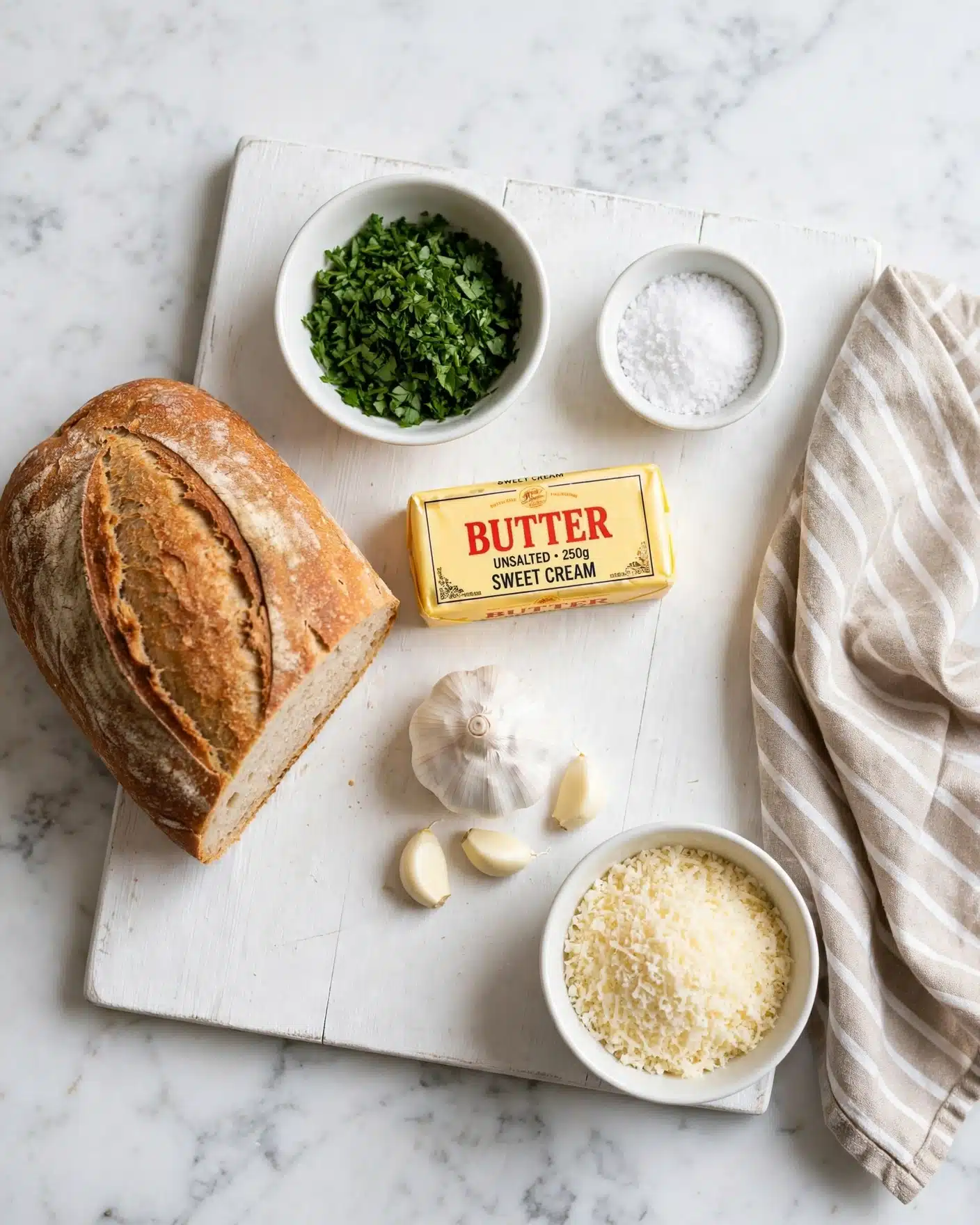 Homemade Garlic Bread Recipe 4 The image shows a white wooden board on a white marbled surface with a loaf of crusty brown bread on the left side. Near the top, there is a white bowl filled with green chopped herbs, and to the right of that bowl is a small white bowl with coarse white salt. In the center, there is a stick of yellow butter with red and black text on the wrapper. Below the butter, a bulb of garlic with three peeled garlic cloves is placed. At the bottom right of the board, there is a white bowl containing finely grated pale yellow cheese. A beige cloth with white stripes is on the right edge of the board. Photo taken with an iphone --ar 4:5 --v 7
