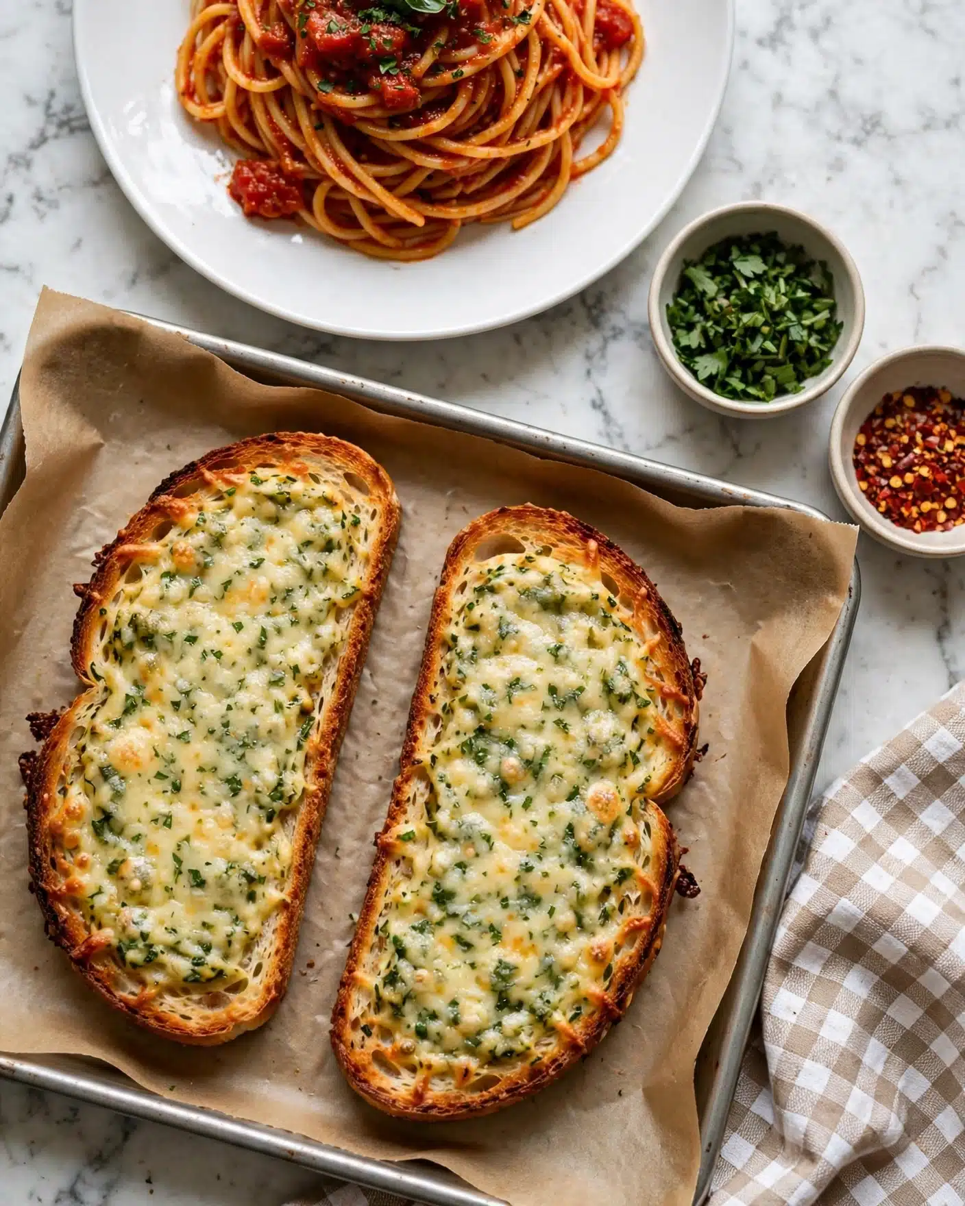 Homemade Garlic Bread Recipe 5 Two long slices of toasted bread lie side by side on a baking tray lined with light brown parchment paper. Each slice is topped with a golden layer of melted cheese mixed with green herbs, giving a speckled green and light yellow texture. The edges of the bread are crispy and slightly darker brown. Above the tray, on a white plate, there is a portion of spaghetti with a red tomato sauce. To the right of the tray, two small bowls rest on the white marbled surface, one filled with green chopped parsley and the other with red chili flakes. A beige and white checkered cloth is partially visible near the bottom right corner next to the tray. Photo taken with an iphone --ar 4:5 --v 7