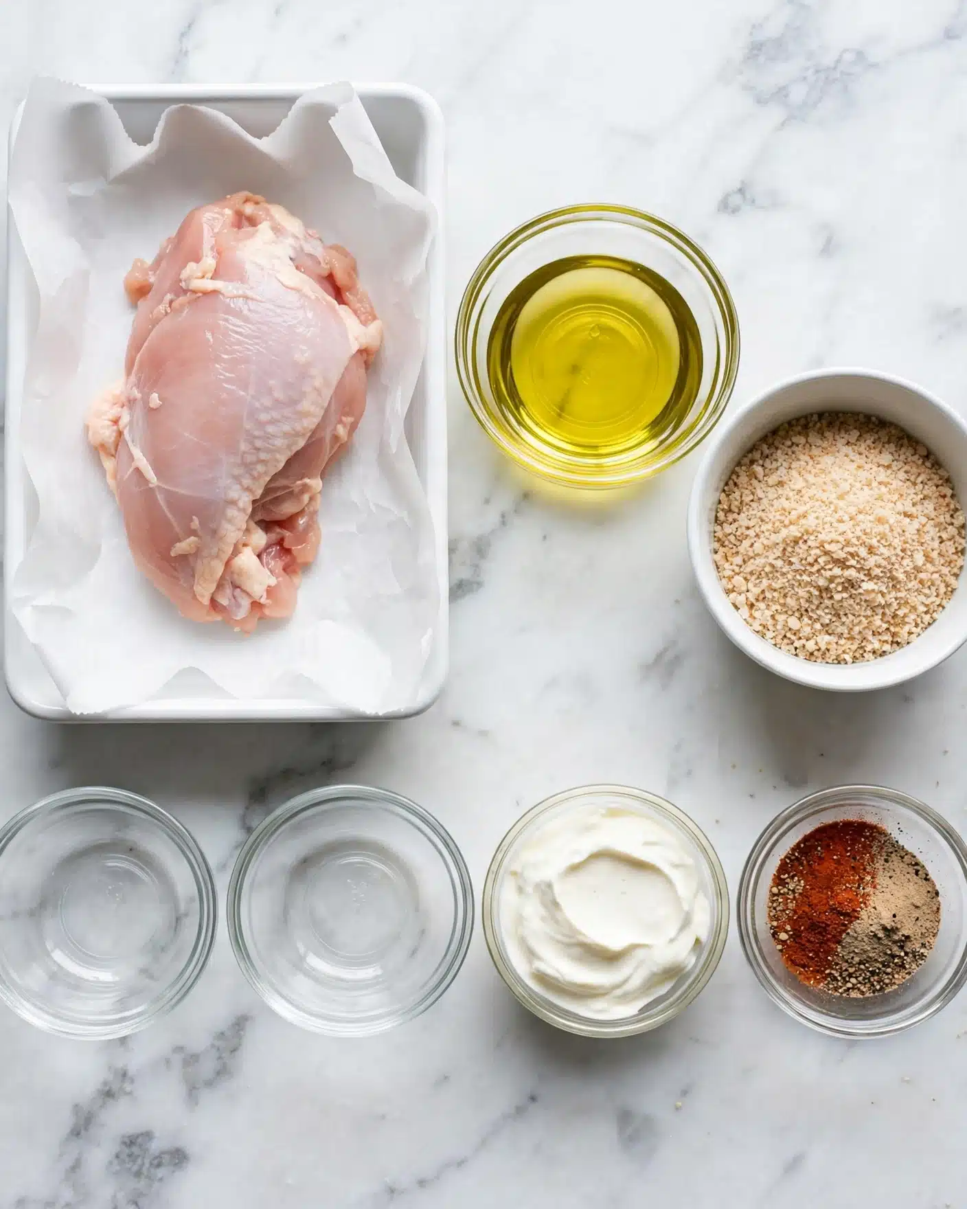 A single raw chicken piece lies on white paper on a white tray at the top left. To the tray's right is a small glass bowl with light yellow oil, then a small white bowl filled with light brown breadcrumbs. Below are four small clear bowls: the first two are empty, the third contains thick white cream, and the fourth holds a mix of red, black, and beige powdered spices. All items rest on a white marbled surface photo taken with an iphone --ar 4:5 --v 7