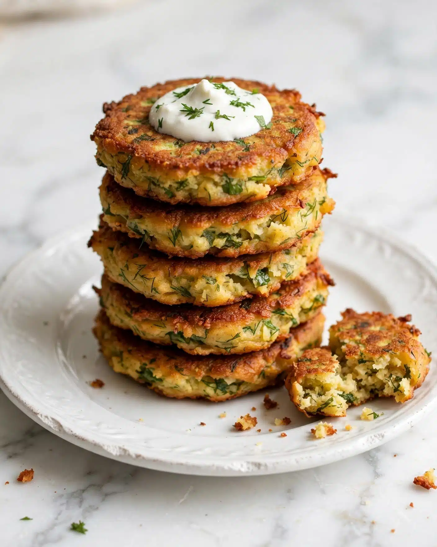 Zucchini Fritters with Creamy Yogurt Sauce Recipe 5 A stack of five round fritters is placed on a white plate with a slightly textured edge. Each fritter is golden brown on the outside with bits of green herbs and light yellow batter inside, showing a slightly crispy texture. The top fritter has a dollop of white cream or sauce with small green herb pieces on it. Part of another fritter is broken and rests on the plate near the stack. The setting is on a white marbled surface in soft light. Photo taken with an iphone --ar 4:5 --v 7