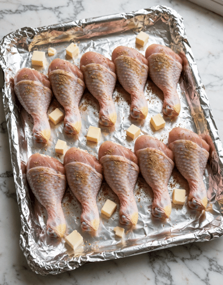 The image shows a baking tray covered with shiny aluminum foil placed on a white marbled surface. On the tray, there are ten pieces of raw drumsticks coated with a light brown powder, spaced out evenly in two rows. Small white cubes, likely butter, are scattered around and under the drumsticks on the foil. The scene has a clean, tidy look with soft natural lighting. Photo taken with an iphone --ar 4:5 --v 7