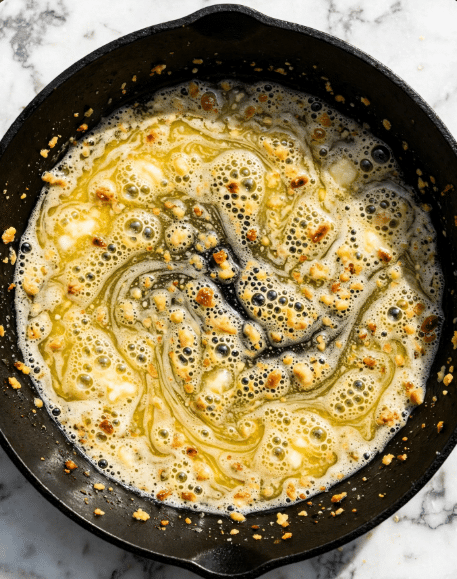 A close-up top view of a black cast iron pan with small sizzling melted butter pieces and tiny golden brown bits spread unevenly across the pan's inner surface, showing bubbling and swirling textures. The pan sits on a white marbled surface. photo taken with an iphone --ar 4:5 --v 7