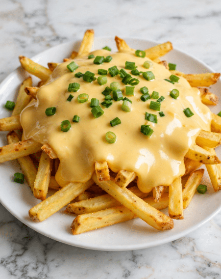 A white plate holds many golden yellow fries layered at the base, each fry crispy and slightly browned. A smooth, creamy yellow cheese sauce is spread evenly over the fries, creating a shiny, rich layer that drapes gently over the edges of the fries. Bright green chopped spring onions are scattered on top, adding a fresh, colorful contrast and a small texture difference. The plate is set against a white marbled surface. Photo taken with an iphone --ar 4:5 --v 7