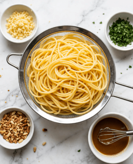 A metal strainer filled with cooked yellow spaghetti noodles sits on a white marbled surface. Around the strainer are small white bowls containing light yellow minced garlic, chopped green herbs, roasted nuts, and a brown liquid sauce with a small whisk inside. The scene is bright and clean, showing the noodles with a smooth, slightly shiny texture and a loose, twisted arrangement. photo taken with an iphone --ar 4:5 --v 7