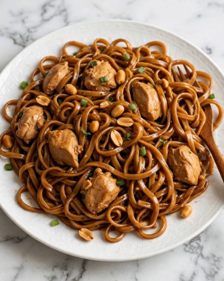 The dish is on a white plate with a white marbled surface underneath. It has thick brown noodles forming the main layer, swirling all over the plate with a shiny, slightly oily texture. Mixed in are medium-sized light brown chunks of cooked chicken placed evenly across the noodles. Small golden-brown peanuts are scattered on top, along with bits of green onions adding tiny bright green spots throughout. A wooden fork with a warm brown hue rests on the right side of the plate, partially under some noodles. The whole dish looks warm, savory, and inviting, photo taken with an iphone --ar 4:5 --v 7