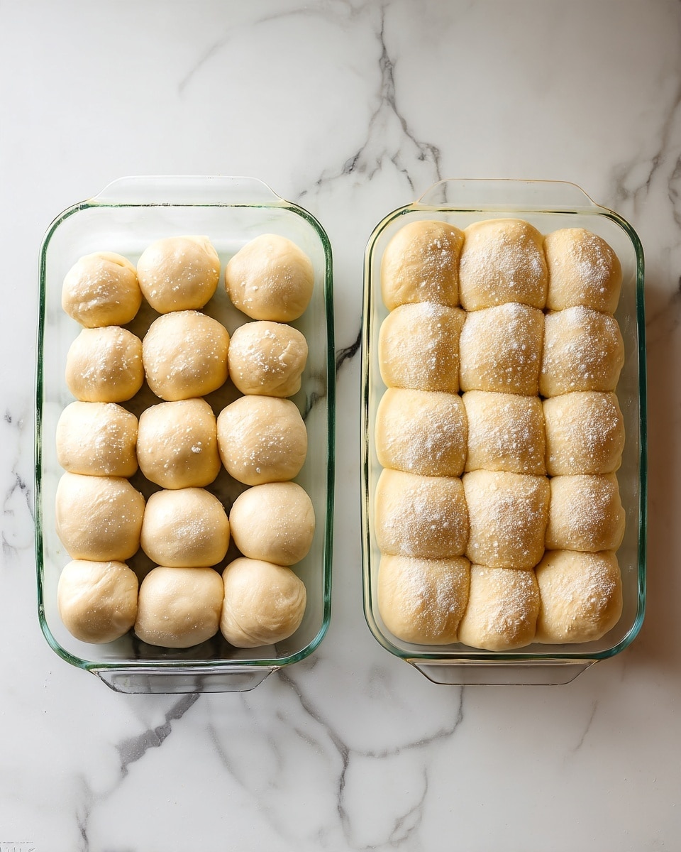 The image shows two glass baking dishes on a white marbled surface. The left dish contains sixteen small round dough balls arranged in a 4x4 grid, each ball a pale beige with a smooth texture and a light dusting of flour. The right dish shows the same dough balls after rising, now puffed up and touching each other, forming a soft, puffy, light beige rectangular block with smooth, slightly shiny surfaces. The glass dishes have clear handles, and the lighting is bright and natural. Photo taken with an iphone --ar 4:5 --v 7