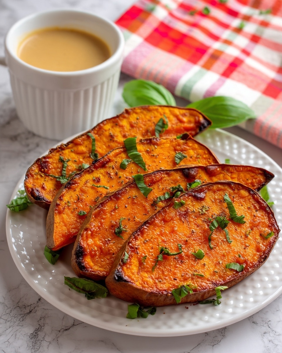 A white plate holds five large slices of roasted sweet potato, each with a crispy, darkened edge and a bright orange, slightly textured inside sprinkled with small green herb pieces. The slices are arranged stacked and overlapping, garnished with scattered fresh green basil leaves. In the background, a white ramekin filled with a creamy light beige sauce sits on a white marbled surface, alongside a folded red, white, pink, and green checkered cloth. photo taken with an iphone --ar 4:5 --v 7
