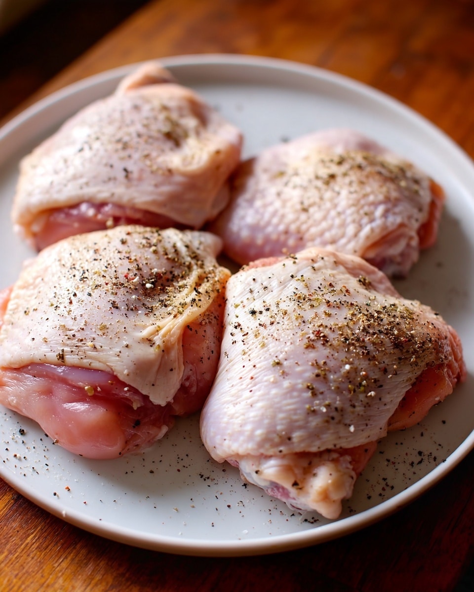 A white plate holds four raw chicken thighs, each with a layer of skin on top that is pale pink and white with a soft, slightly wrinkled texture. The chicken thighs are sprinkled with coarse black pepper and salt, adding small black and white specks across the surface. The pieces are arranged loosely with some overlapping on a wooden surface. The lighting is natural and soft, showing the moist texture of the chicken skin. Photo taken with an iphone --ar 4:5 --v 7