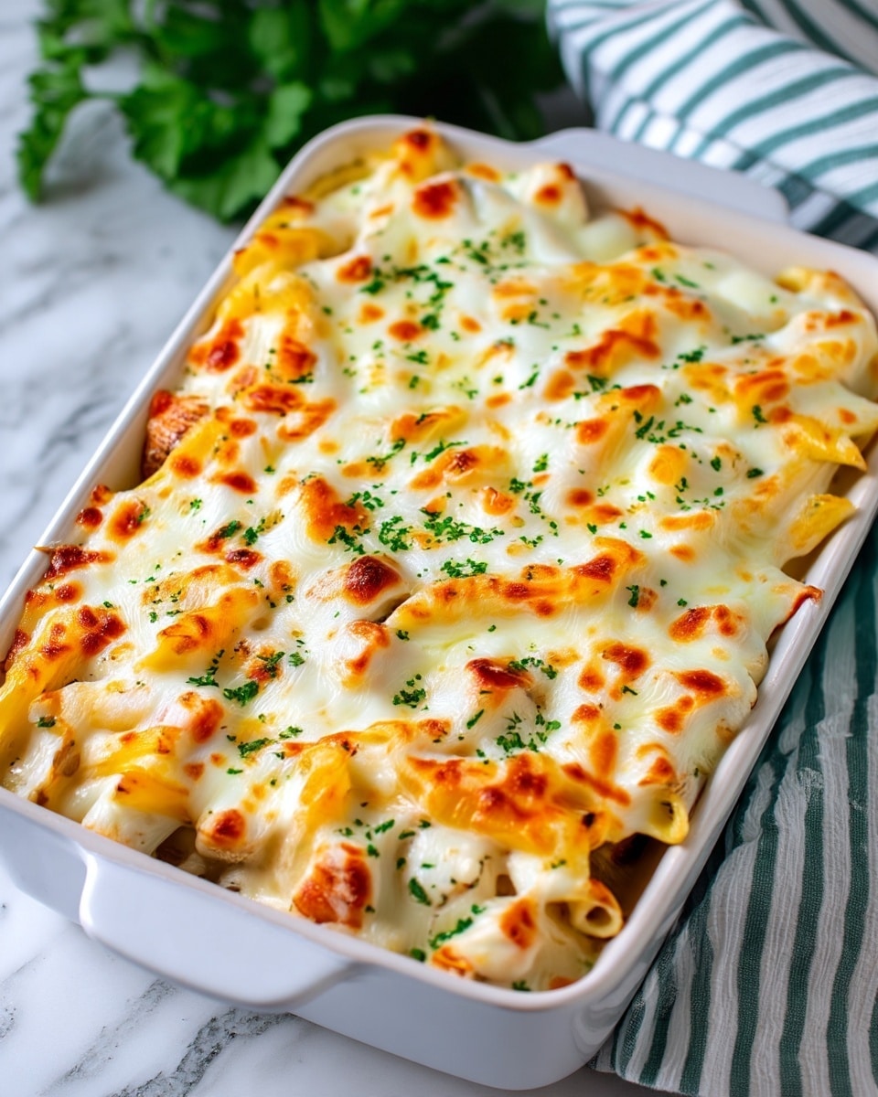 A white rectangular baking dish filled with baked pasta covered in a creamy, golden-brown cheese layer. The top layer has melted cheese slightly browned in spots, with small green herb pieces sprinkled evenly across. The pasta underneath is pasta tubes, visible through the cheese, and the dish rests on a white marbled surface with a green and white striped cloth partially visible nearby. photo taken with an iphone --ar 4:5 --v 7